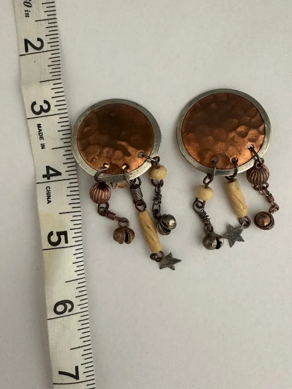Vintage Artisan Copper Mixed Metal Asymmetrical Clip On Earrings 2.5